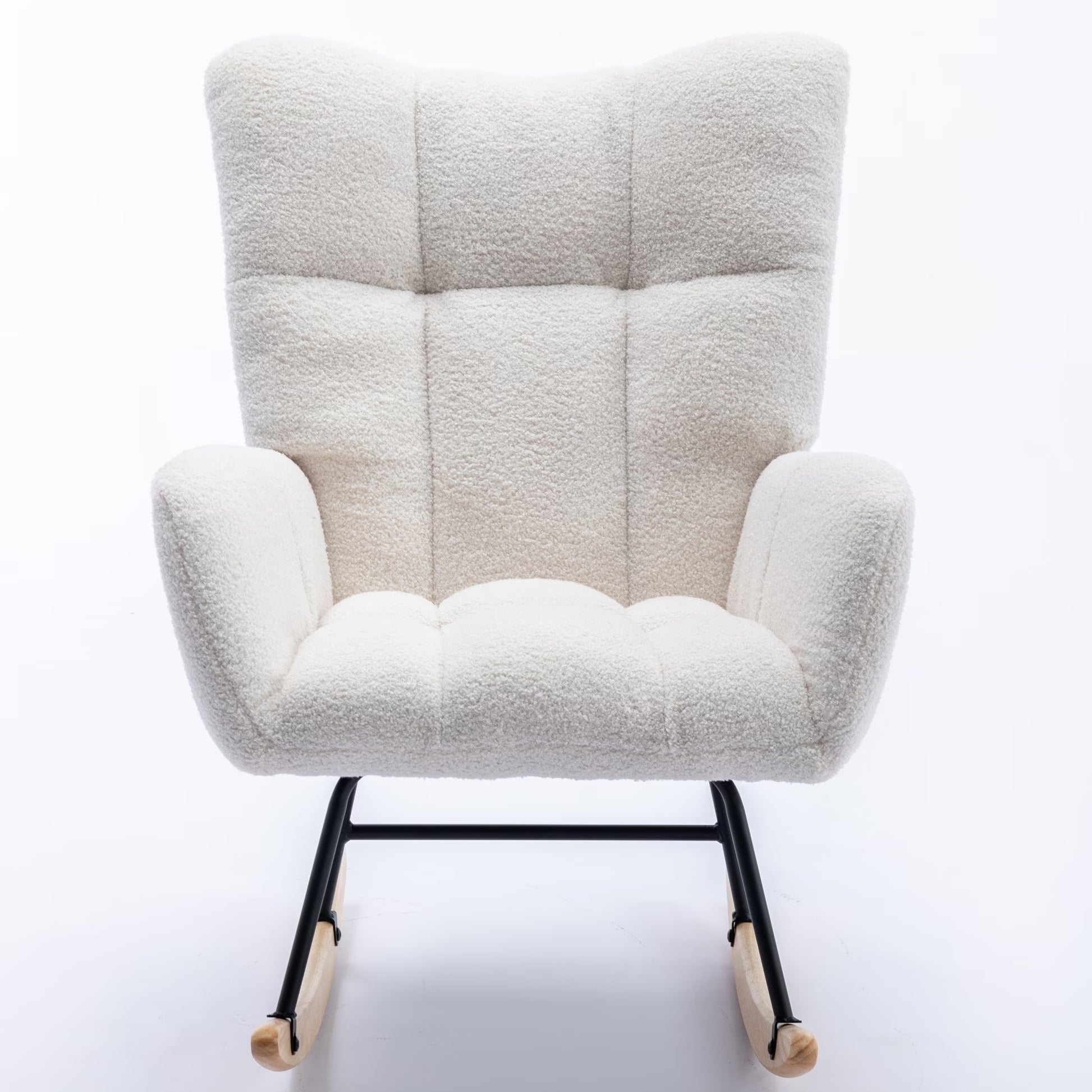 Rocking Chair with Pocket, Soft Teddy Fabric Rocking Chair for Nursery, Comfy Wingback Glider Rocking Chair with Safe Solid Wood Base for Living Room, Bedroom, Balcony