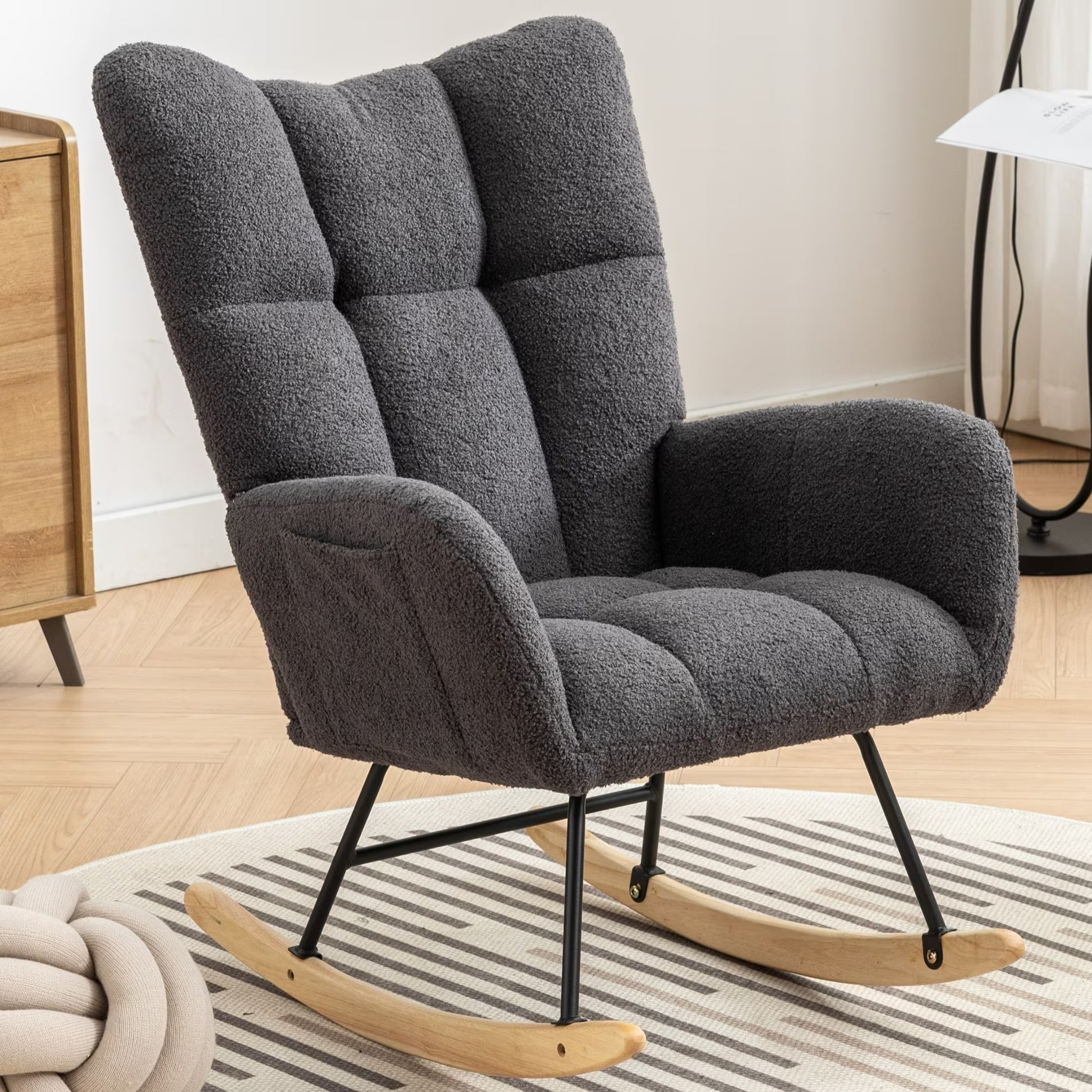 Rocking Chair with Pocket, Soft Teddy Fabric Rocking Chair for Nursery, Comfy Wingback Glider Rocking Chair with Safe Solid Wood Base for Living Room, Bedroom, Balcony