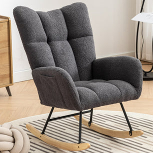 Rocking Chair with Pocket, Soft Teddy Fabric Rocking Chair for Nursery, Comfy Wingback Glider Rocking Chair with Safe Solid Wood Base for Living Room, Bedroom, Balcony