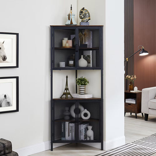 6-Tier Corner Shelf with Storage Cabinet – Bookshelf with Metal Mesh Door for Living Room