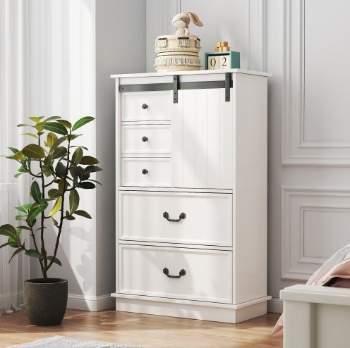 51'' Farmhouse Drawer Chest with Sliding Door – Multi-Storage Dresser with 5 Drawers and Adjustable Shelves