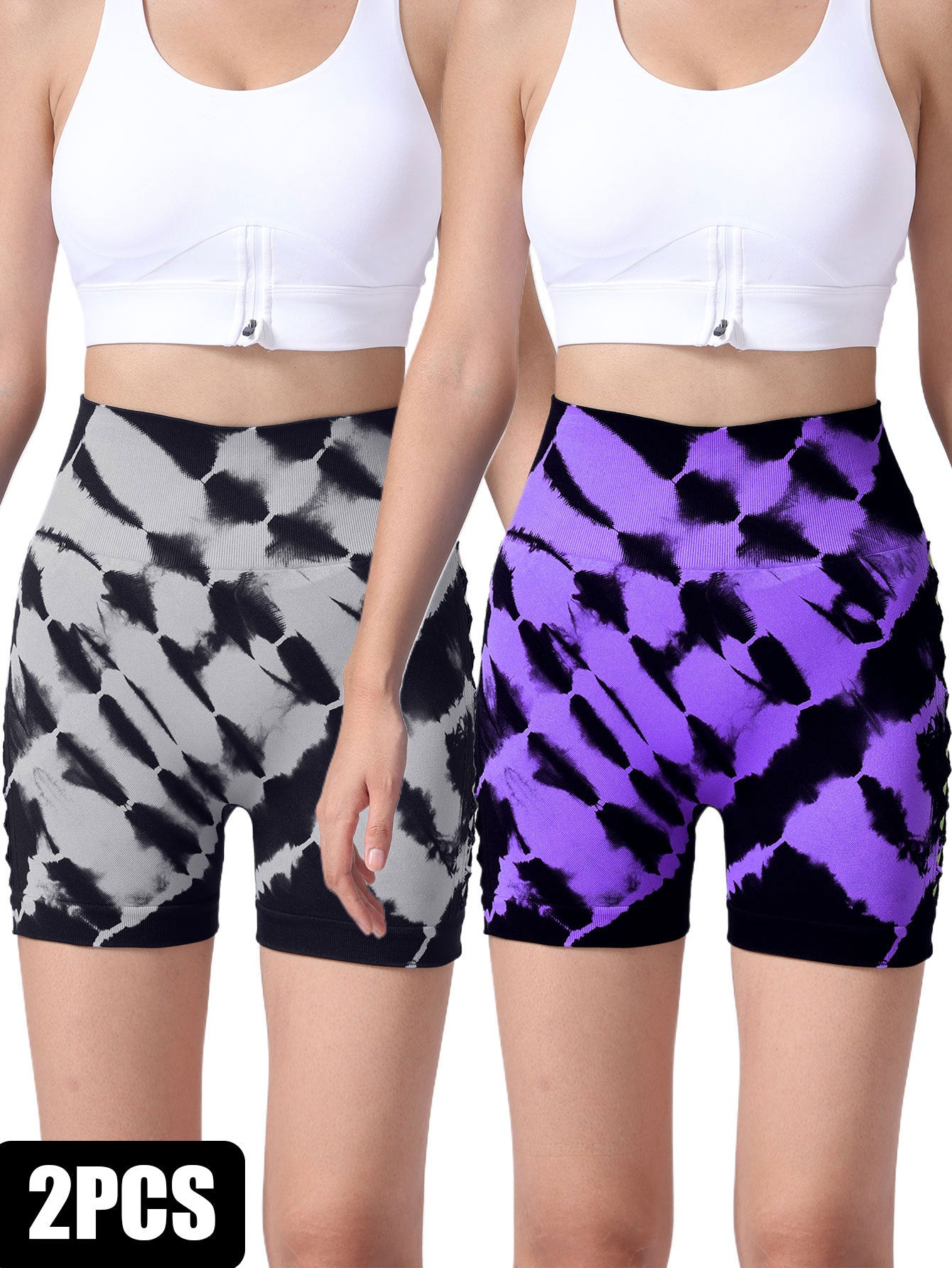 2 Pack Women's Side Cut-Out Tie-Dye Seamless Hip Lift High Waist Sports Yoga Shorts – Butt-Lifting, Tummy Control Athletic Shorts