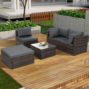 5-Piece Patio Furniture Set – PE Wicker Outdoor Seating with Tempered Glass Table