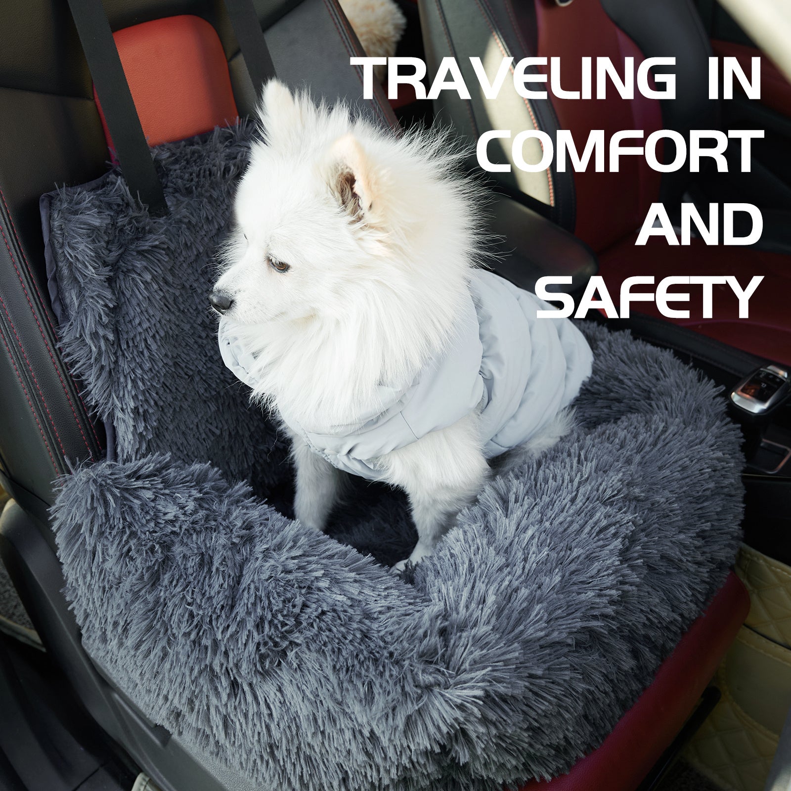 Dog Car Seat for Small, Medium, and Large Dogs – Travel Pet Booster Seat with Seat Belt, Washable Plush Safety Seat