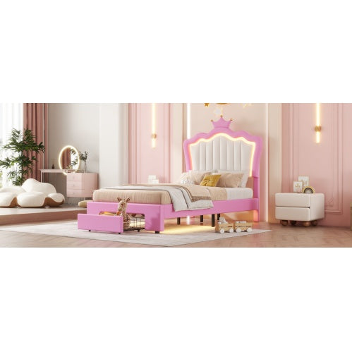 Twin Size Upholstered Bed Frame with LED Lights – Modern Princess Bed with Crown Headboard & Storage Drawer