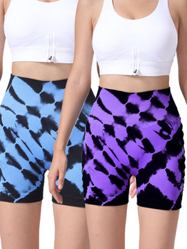 2 Pack Women's Side Cut-Out Tie-Dye Seamless Hip Lift High Waist Sports Yoga Shorts – Butt-Lifting, Tummy Control Athletic Shorts