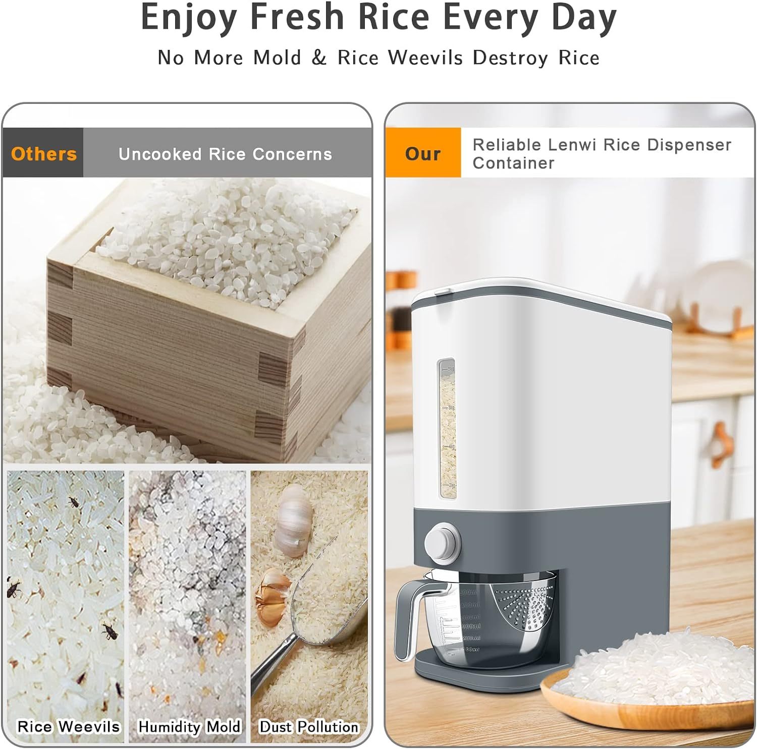 Rice Dispenser – 22-25 Lbs Capacity with Measuring Cup & Airtight Lid
