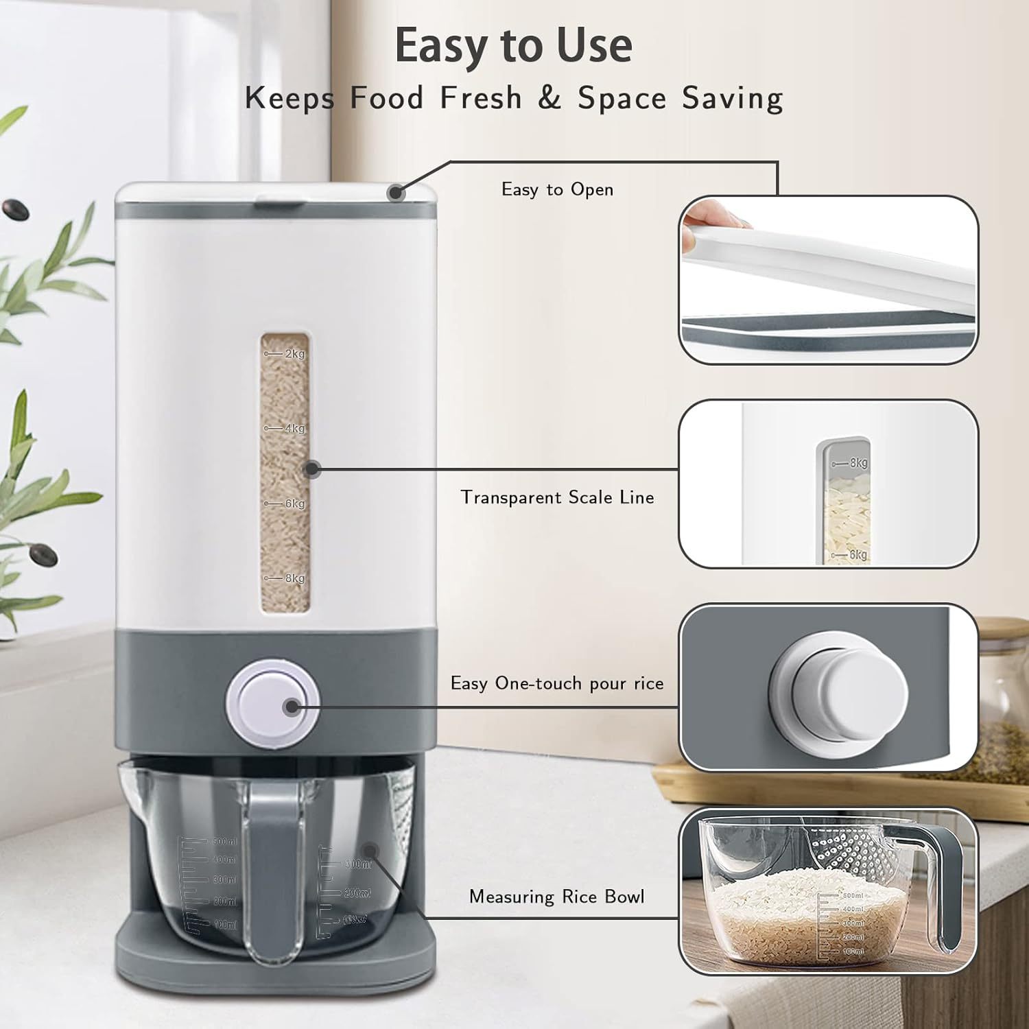 Rice Dispenser – 22-25 Lbs Capacity with Measuring Cup & Airtight Lid