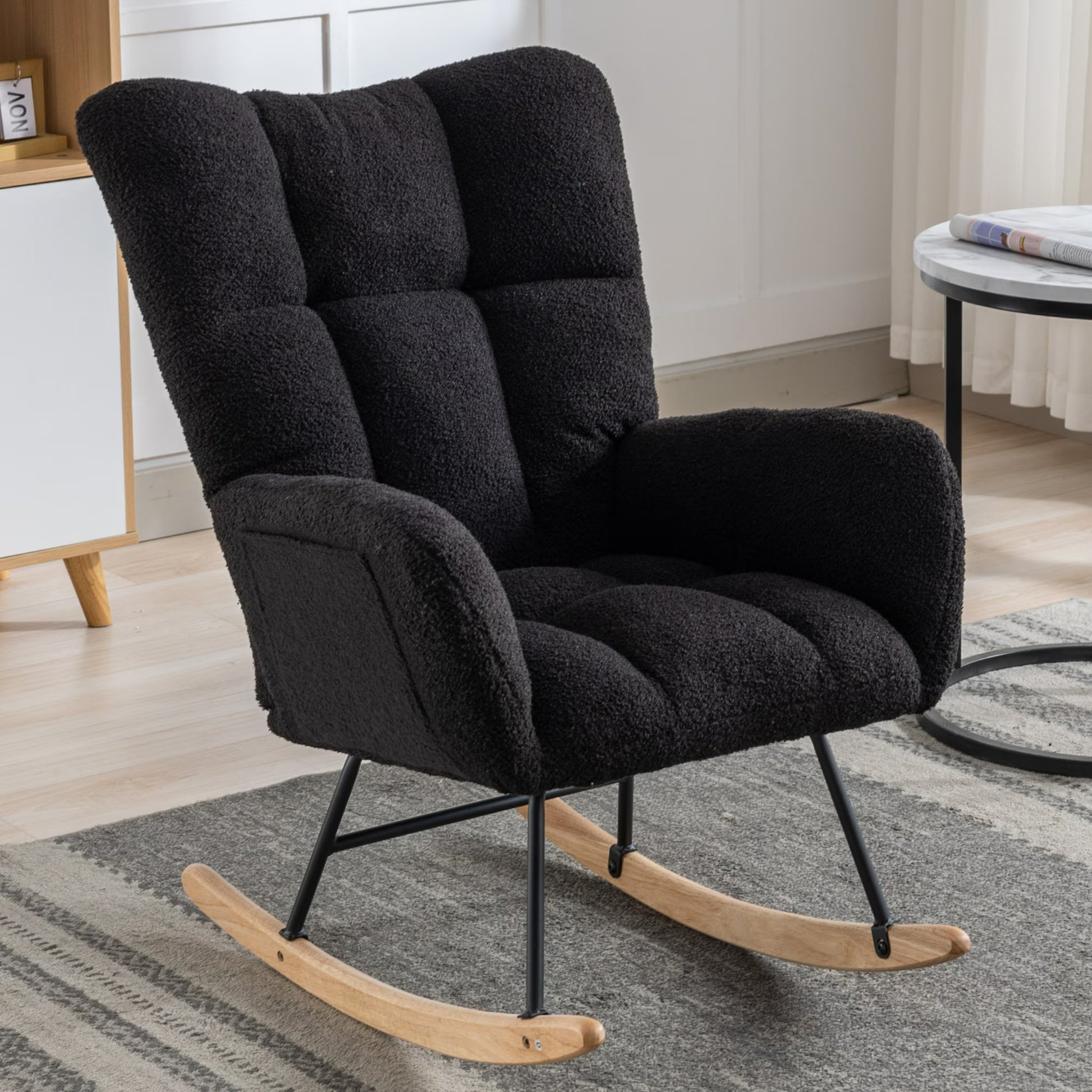 Rocking Chair with Pocket, Soft Teddy Fabric Rocking Chair for Nursery, Comfy Wingback Glider Rocking Chair with Safe Solid Wood Base for Living Room, Bedroom, Balcony