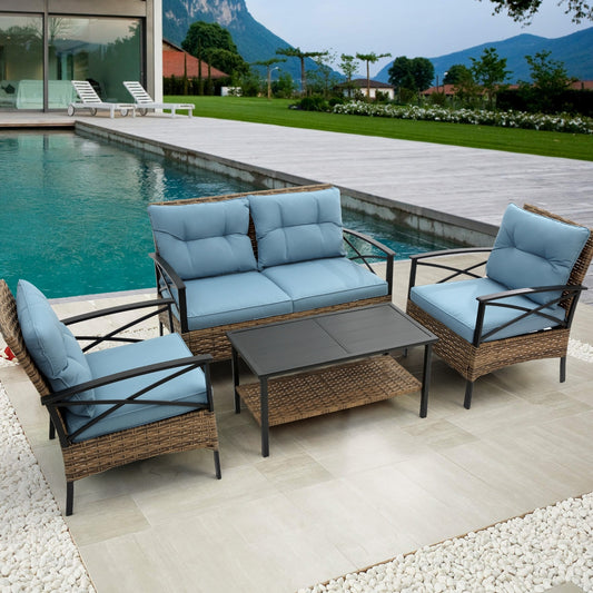 4-Piece Patio Sectional Low Dining Sofa Set – KD Rattan Wicker Outdoor Furniture