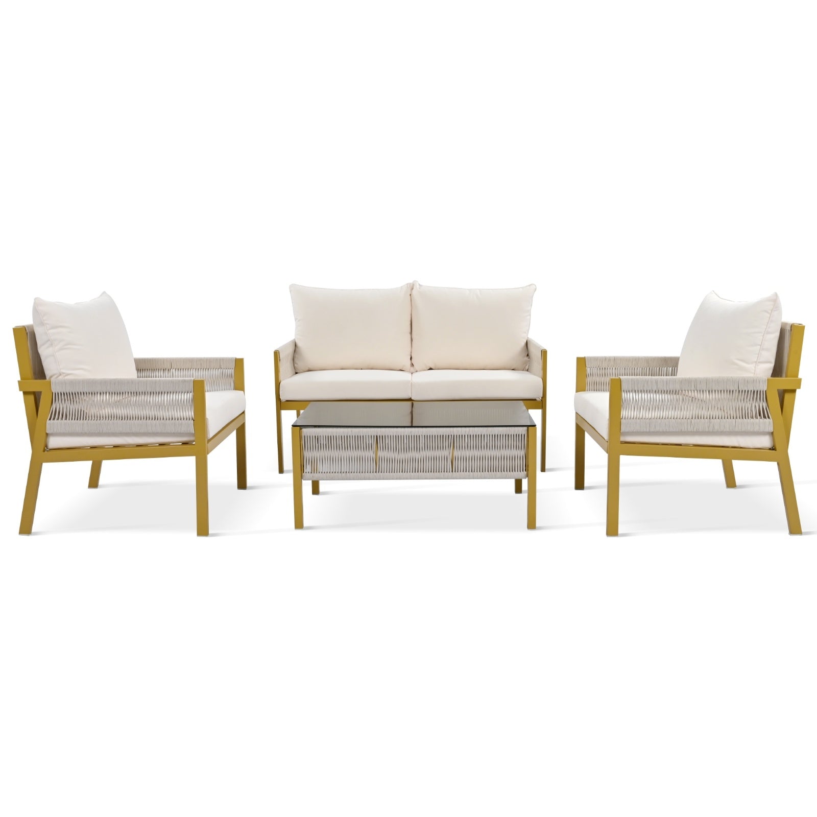 K&K 4-Piece Rope Patio Furniture Set, Outdoor Furniture with Tempered Glass Table