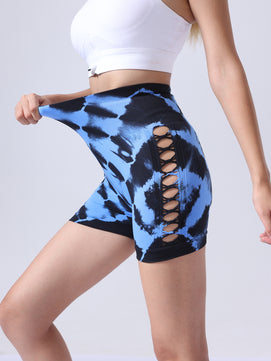2 Pack Women's Side Cut-Out Tie-Dye Seamless Hip Lift High Waist Sports Yoga Shorts – Butt-Lifting, Tummy Control Athletic Shorts