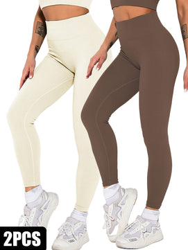 2-Pack Women's Seamless Ribbed Leggings – High-Waisted Slimming Yoga Pants for Fitness & Everyday Wear