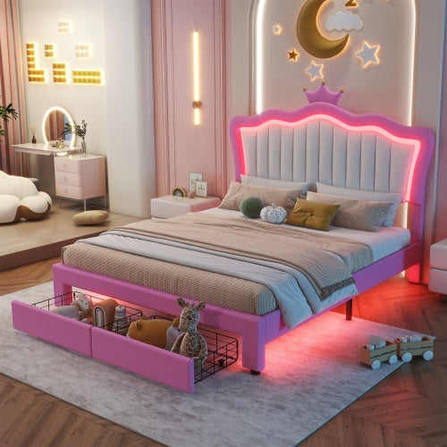 Full Size Upholstered Bed Frame with LED Lights – Modern Princess Bed with Crown Headboard and 2 Drawers
