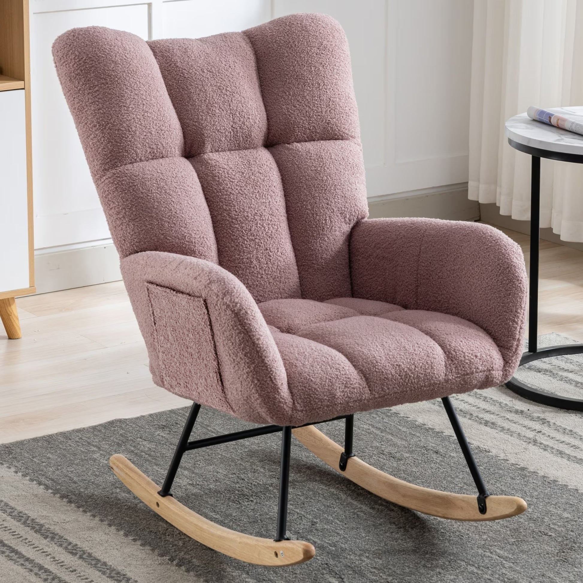 Rocking Chair with Pocket, Soft Teddy Fabric Rocking Chair for Nursery, Comfy Wingback Glider Rocking Chair with Safe Solid Wood Base for Living Room, Bedroom, Balcony