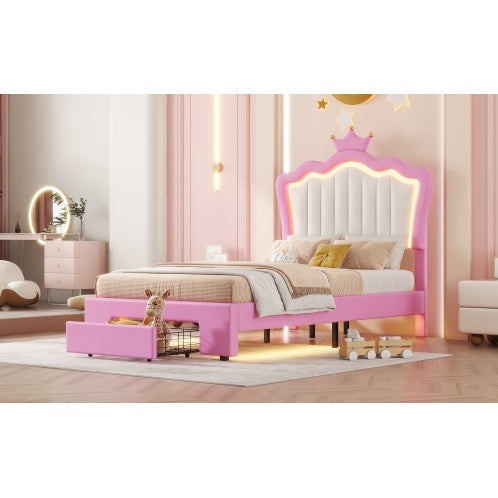 Twin Size Upholstered Bed Frame with LED Lights – Modern Princess Bed with Crown Headboard & Storage Drawer