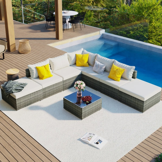 8-Pieces Outdoor Patio Furniture Set – Garden Wicker Sofa Set with Beige Cushions
