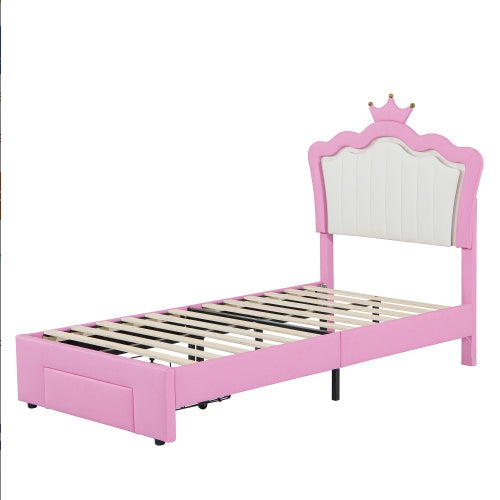 Twin Size Upholstered Bed Frame with LED Lights – Modern Princess Bed with Crown Headboard & Storage Drawer
