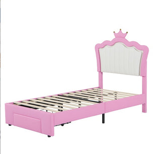Twin Size Upholstered Bed Frame with LED Lights – Modern Princess Bed with Crown Headboard & Storage Drawer