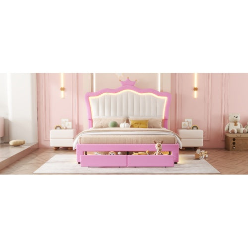 Full Size Upholstered Bed Frame with LED Lights – Modern Princess Bed with Crown Headboard and 2 Drawers