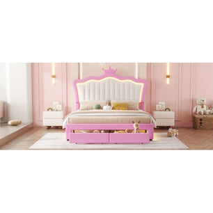 Full Size Upholstered Bed Frame with LED Lights – Modern Princess Bed with Crown Headboard and 2 Drawers