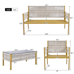 K&K 4-Piece Rope Patio Furniture Set, Outdoor Furniture with Tempered Glass Table
