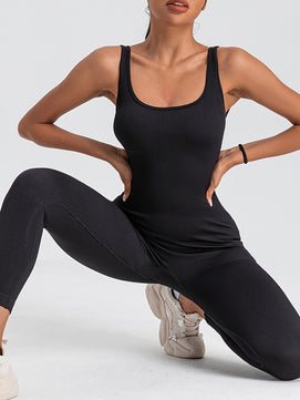 Women's Ribbed Solid Color One-Piece Jumpsuit – Form-Fitting Sensual Activewear, Classic Sleeveless Full-Length Pants for Sport & Casual Wear