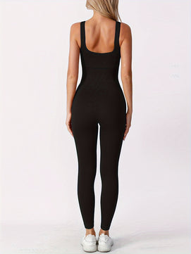 Women's Ribbed Solid Color One-Piece Jumpsuit – Form-Fitting Sensual Activewear, Classic Sleeveless Full-Length Pants for Sport & Casual Wear