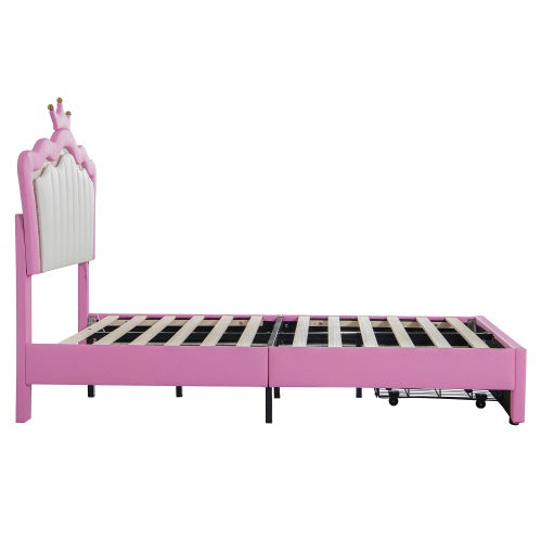 Twin Size Upholstered Bed Frame with LED Lights – Modern Princess Bed with Crown Headboard & Storage Drawer