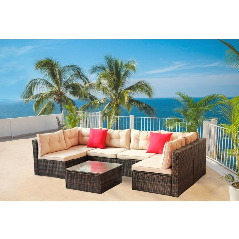 7-Piece PE Rattan Patio Furniture Set – Sectional Garden Corner Sofa Set