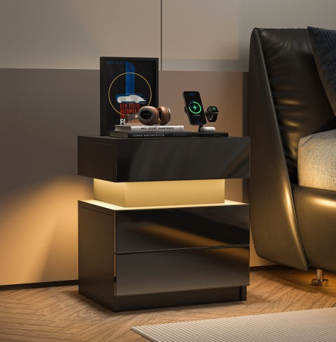 Modern LED Nightstand – Black Wood Bedside Table with LED Lights & 2 High Gloss Drawers