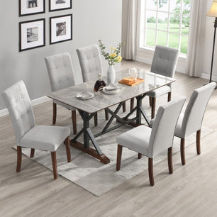 Modern Dining Table Set for 6-8 – 7-Piece Kitchen Dining Set with Gray Sintered Stone Table & 6 Tufted Upholstered Chairs