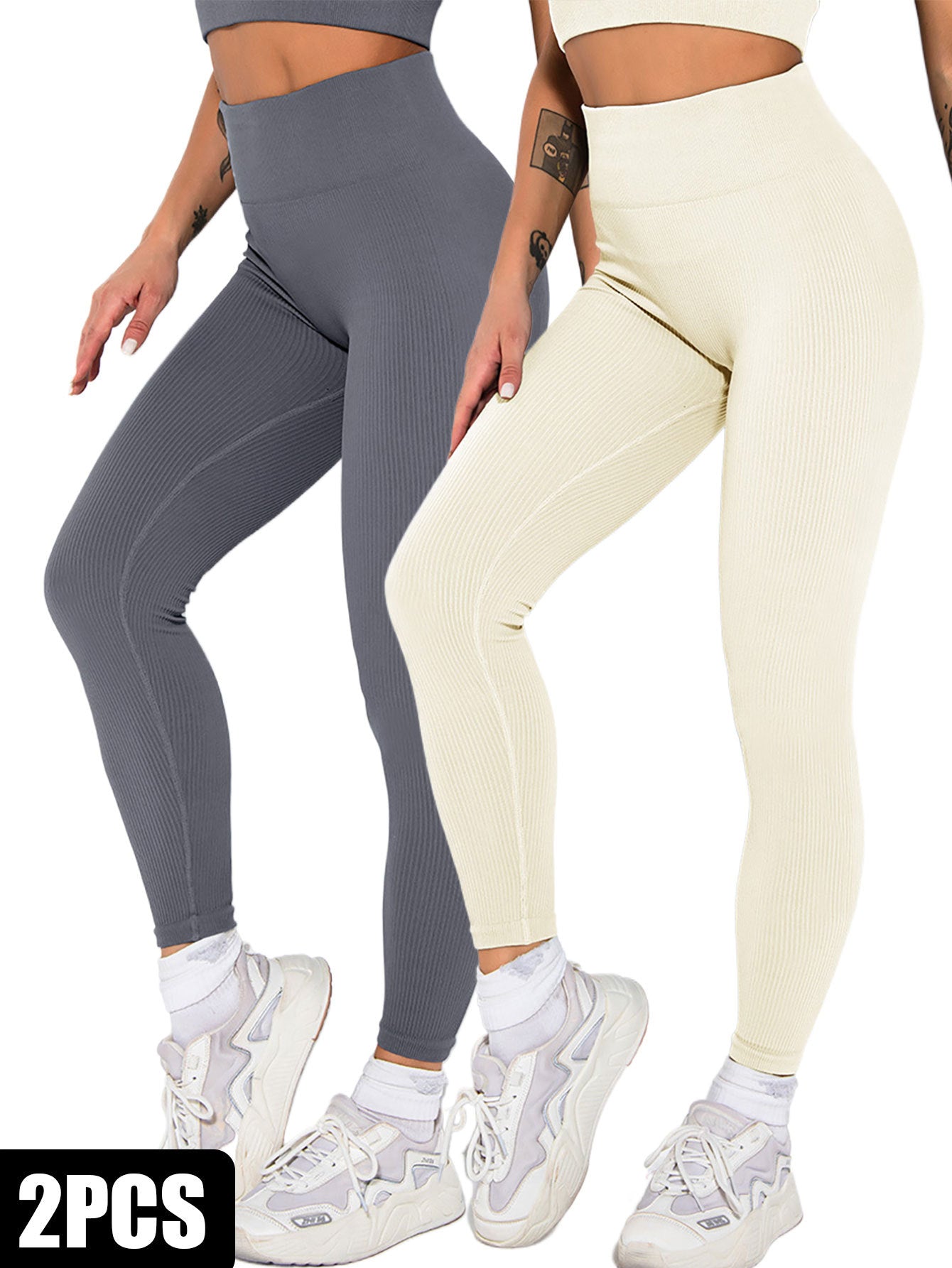 2-Pack Women's Seamless Ribbed Leggings – High-Waisted Slimming Yoga Pants for Fitness & Everyday Wear