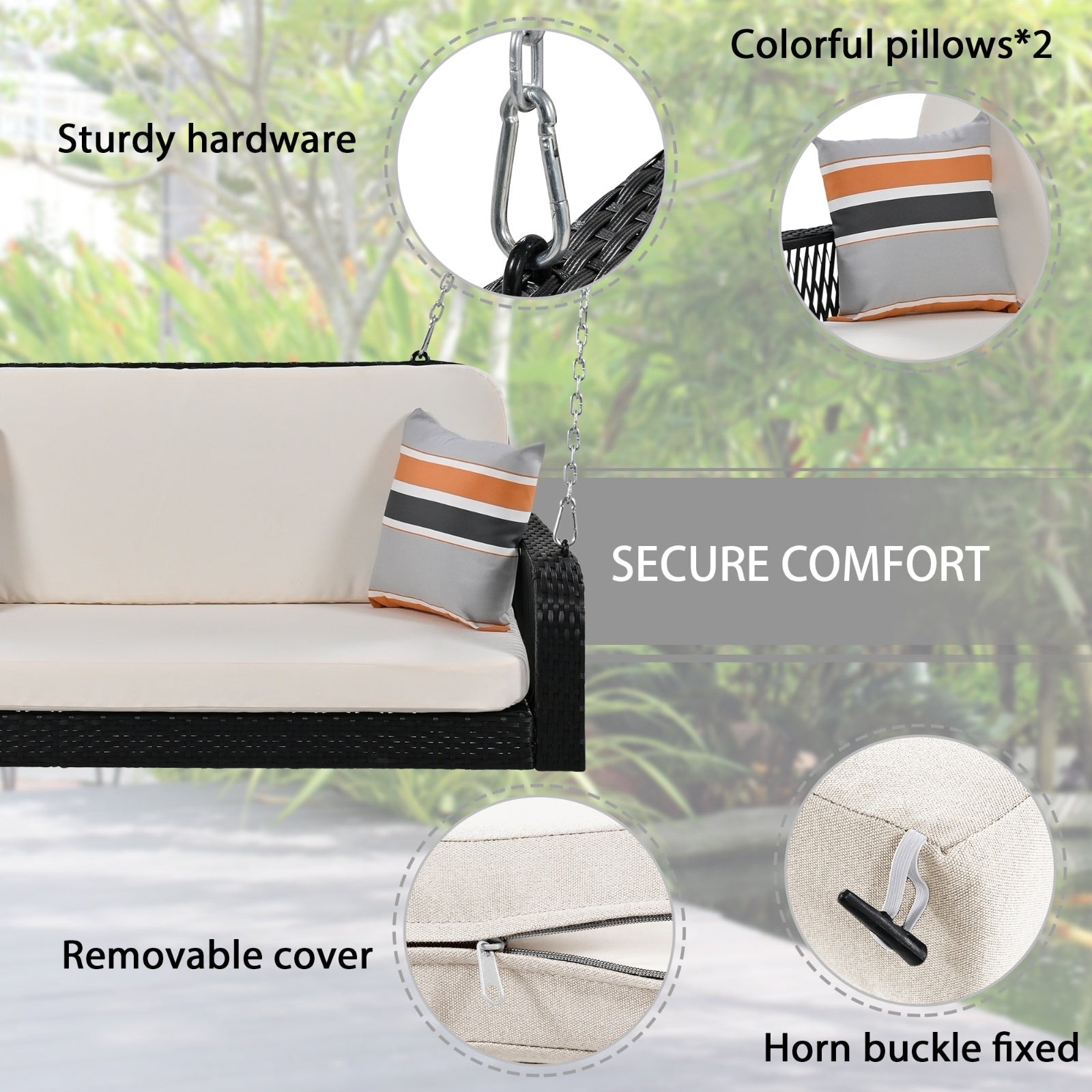 Wicker Porch Swing - 2-Seater Hanging Bench with Chains for Patio & Garden