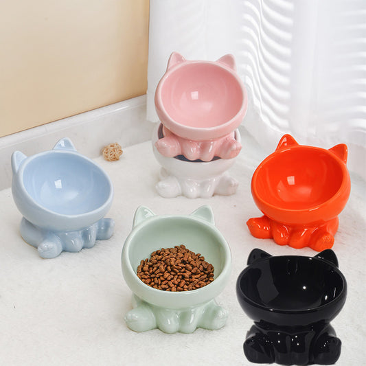 Ceramic Cat Bowl – Neck Guard, Oblique Mouth Design for Pets