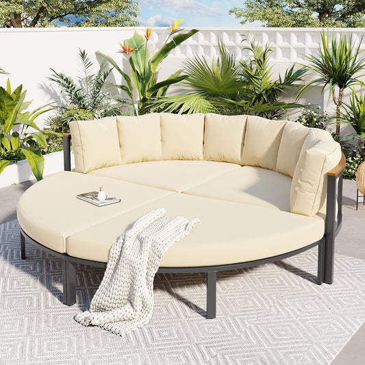 Round Outdoor Sofa – Beige, Seats 6, Metal Frame