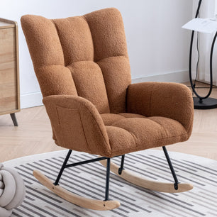 Rocking Chair with Pocket, Soft Teddy Fabric Rocking Chair for Nursery, Comfy Wingback Glider Rocking Chair with Safe Solid Wood Base for Living Room, Bedroom, Balcony