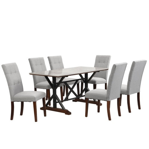 Modern Dining Table Set for 6-8 – 7-Piece Kitchen Dining Set with Gray Sintered Stone Table & 6 Tufted Upholstered Chairs