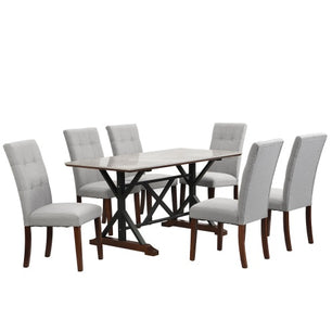 Modern Dining Table Set for 6-8 – 7-Piece Kitchen Dining Set with Gray Sintered Stone Table & 6 Tufted Upholstered Chairs