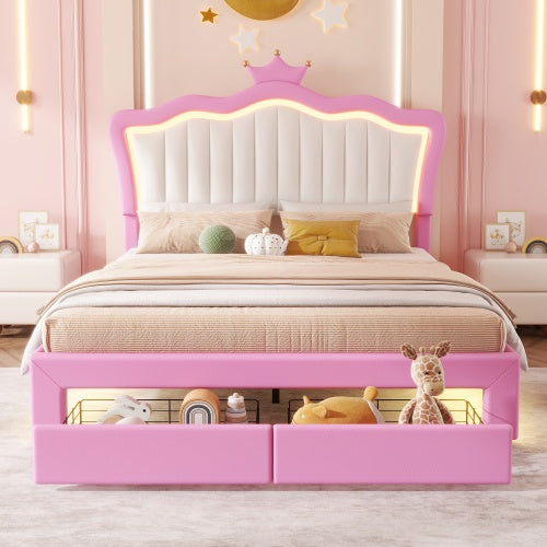 Full Size Upholstered Bed Frame with LED Lights – Modern Princess Bed with Crown Headboard and 2 Drawers