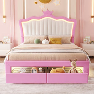 Full Size Upholstered Bed Frame with LED Lights – Modern Princess Bed with Crown Headboard and 2 Drawers