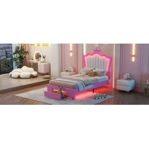 Twin Size Upholstered Bed Frame with LED Lights – Modern Princess Bed with Crown Headboard & Storage Drawer