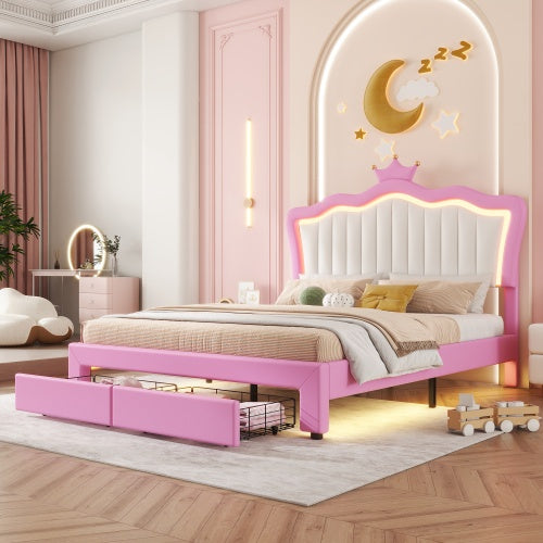 Full Size Upholstered Bed Frame with LED Lights – Modern Princess Bed with Crown Headboard and 2 Drawers