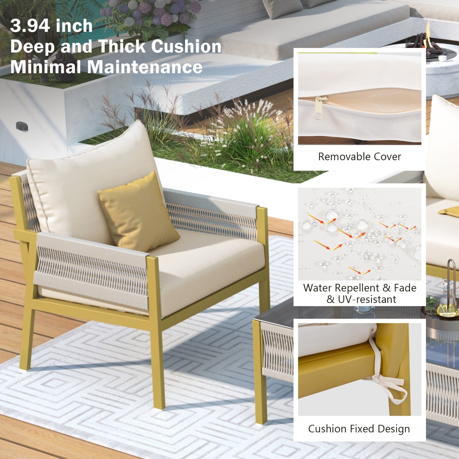 K&K 4-Piece Rope Patio Furniture Set, Outdoor Furniture with Tempered Glass Table