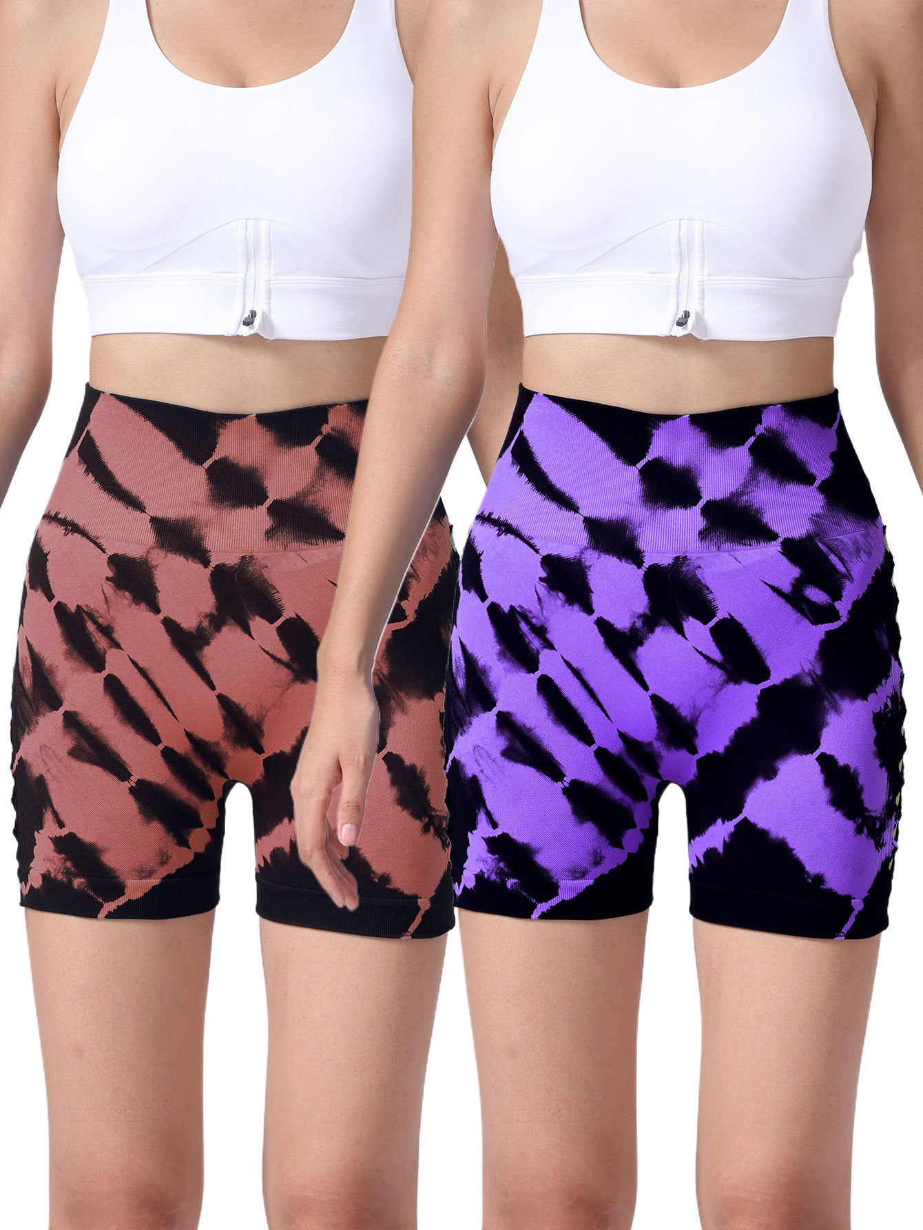 2 Pack Women's Side Cut-Out Tie-Dye Seamless Hip Lift High Waist Sports Yoga Shorts – Butt-Lifting, Tummy Control Athletic Shorts