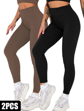 2-Pack Women's Seamless Ribbed Leggings – High-Waisted Slimming Yoga Pants for Fitness & Everyday Wear