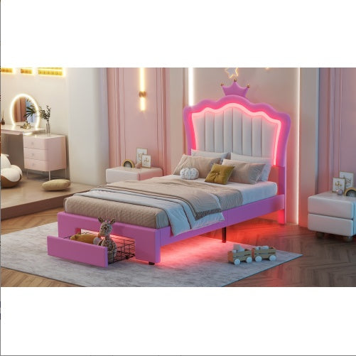 Twin Size Upholstered Bed Frame with LED Lights – Modern Princess Bed with Crown Headboard & Storage Drawer