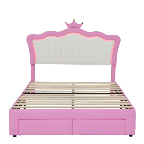 Full Size Upholstered Bed Frame with LED Lights – Modern Princess Bed with Crown Headboard and 2 Drawers
