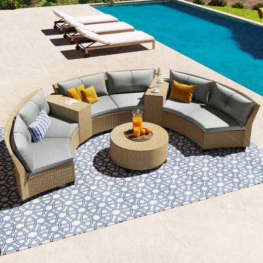 U Style 6-Person Fan-Shaped Rattan Set with Cushions & Table – Outdoor Patio Furniture