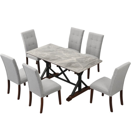 Modern Dining Table Set for 6-8 – 7-Piece Kitchen Dining Set with Gray Sintered Stone Table & 6 Tufted Upholstered Chairs